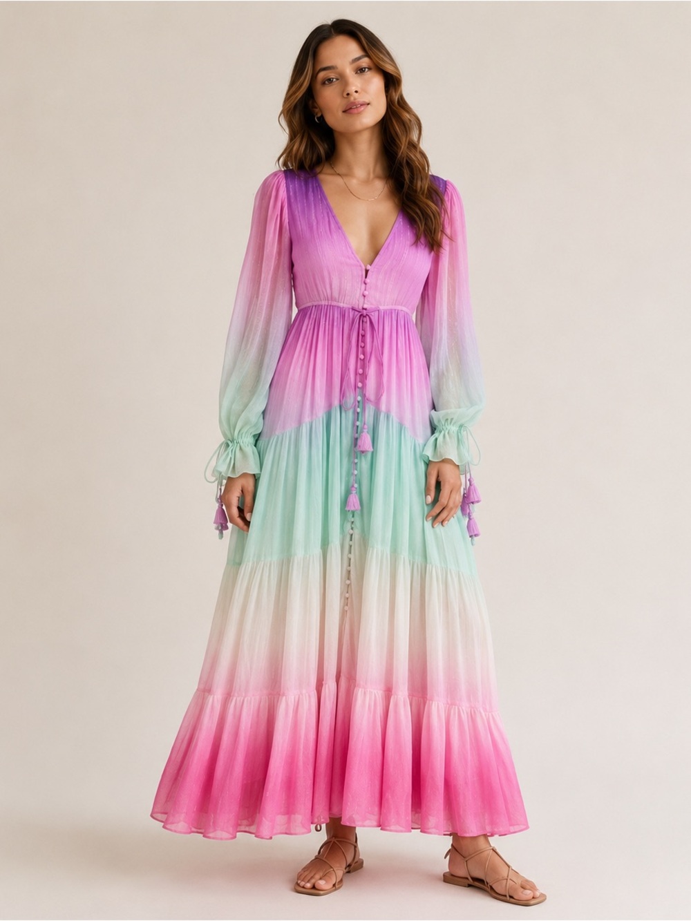 SOLD NWT Rococo Sand Resort Maxi Dress Pink Aqua Ombré Metallic Size Medium